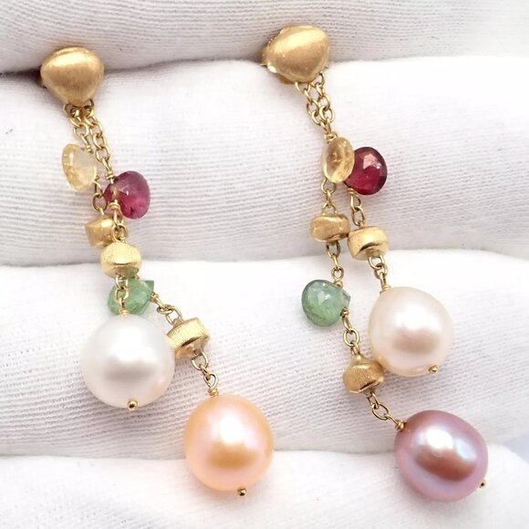 Authentic! Marco Bicego 18k Yellow Gold Paradise Multicolor Gems Pearl Earrings - Picture 7 of 10